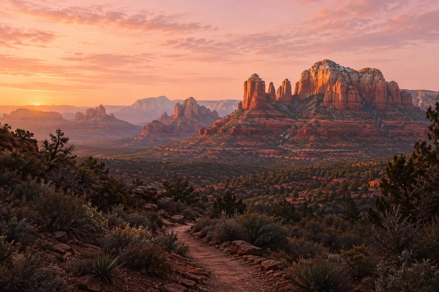 Sedona’s red rocks and juniper valley at sunrise