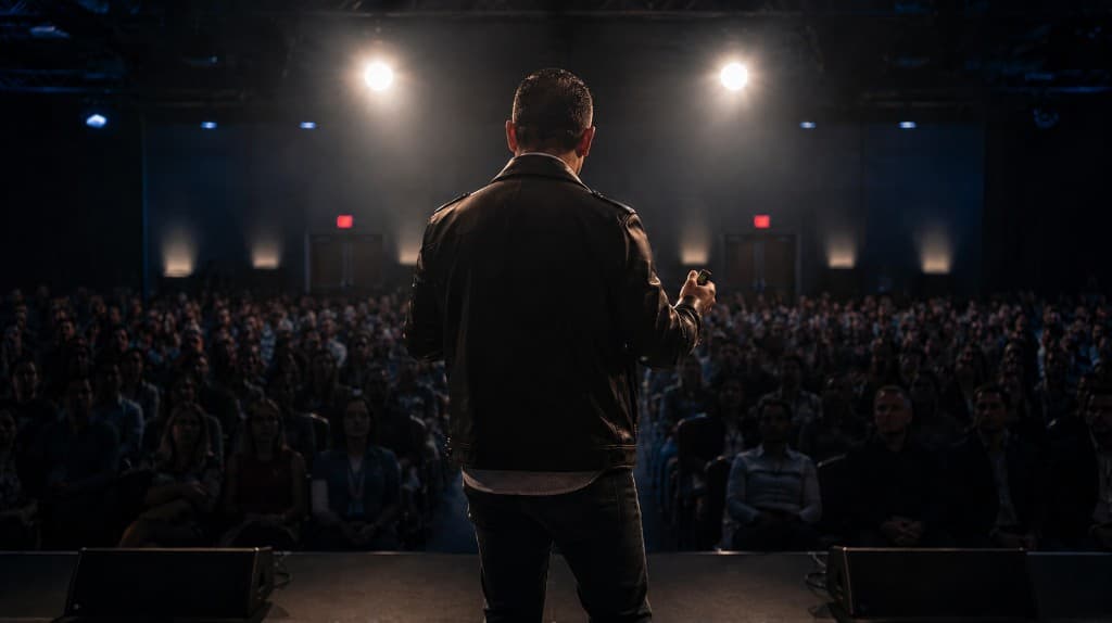 Michael Valentine on stage from behind, addressing a large auditorium audience under spotlights