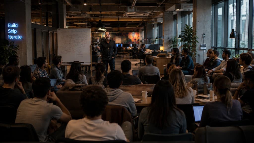 Open workshop with speaker at whiteboard, diverse audience on couches, and Build Ship Iterate neon sign in an industrial loft